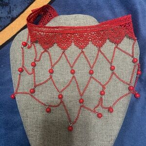 Chic Red Lace, Chain & Beaded Choker.  Approximately 15”.